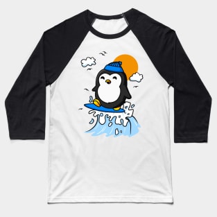 Penguin Surfing Funny Baseball T-Shirt